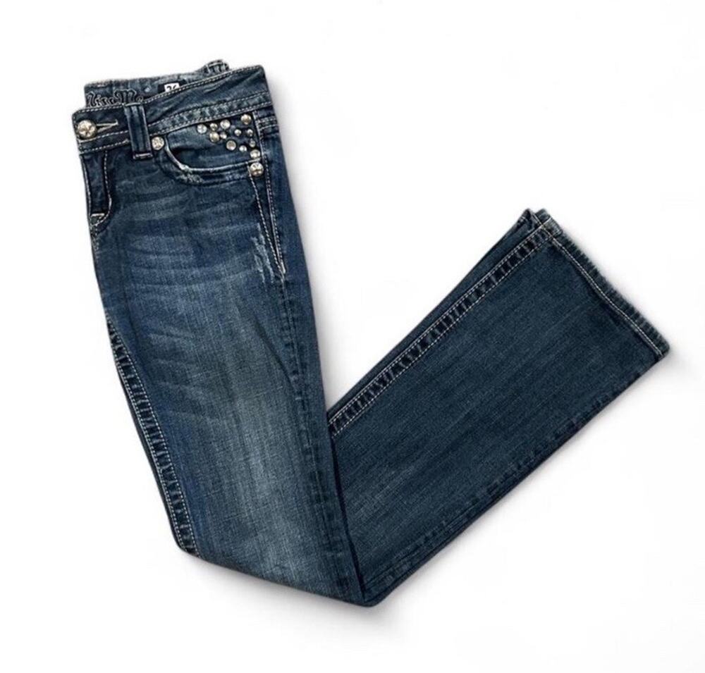 Miss Me Blue Low Rise Denim Bootcut Jeans Studded Rhinestones Size 26 30x32 Y2K